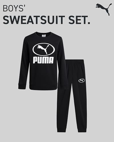 PUMA Boys Sweatpants Set - 2 Piece Soft Fleece Crewneck Pullover Boys Sweatshirts and Jogger Pants Kids Activewear Set (8-16), Size 8-9, Black Cat