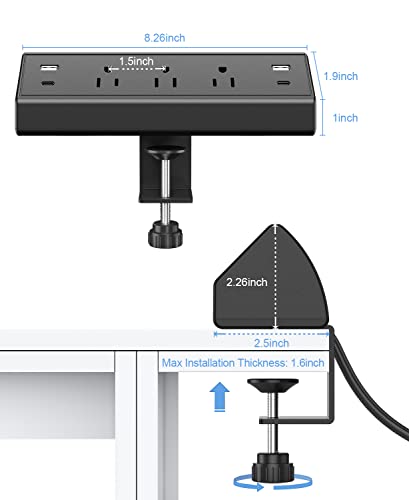 Desk Clamp Power Strip Usb C,Desktop Mount Surge Protector,40W Fast Charging Station,2 Pd 20W Usb C Ports,3 Outlets,6Ft Flat Plug,Desk Edge Power Strip For Home,Office,Fit 1.6" Tabletop Edge #TOP4