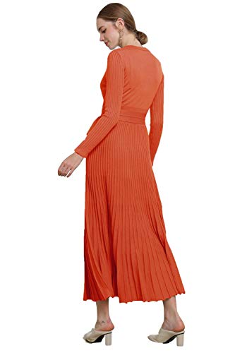 Image of Women's Long Knit Crewneck Sweater Dress Tie Waist A-Line Swing Pleated Bodycon