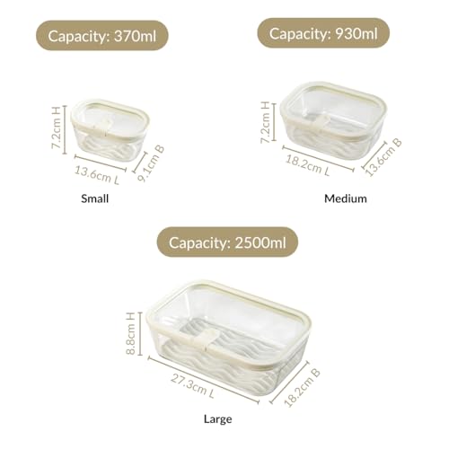 Image of Nestasia Vento Glass Containers with Lid Set of 4 (370ml x 2, 930ml x 1, 2500ml x 1) - Microwave, Refrigerator & Dishwasher Safe Containers with Air Vent Lid for Fridge Storage (Cream)