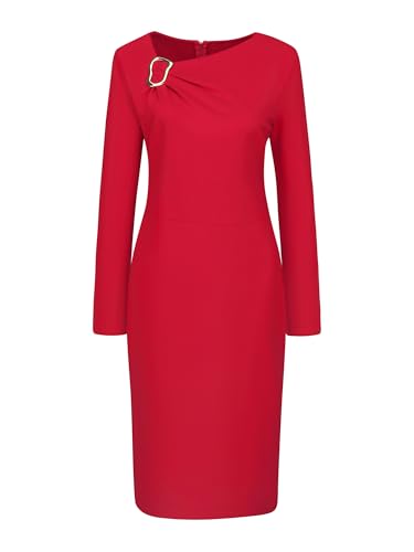 Hobemty Damen Midi Businesskleid im Bleistiftstil Langärm Asymmetrischer Ausschnitt Figurbetont Cocktailkleid Rot XXL