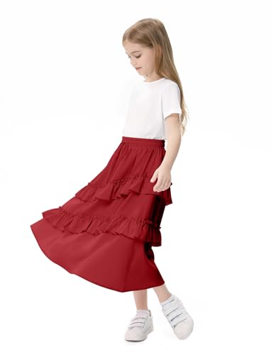 Image of Girls High Waisted Ruffle Maxi Skirt Soft Cotton Long Skirts with Elastic Waistband for Kid Girl 3-12 Years