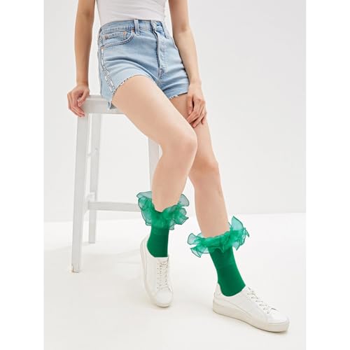 Image of Women Big Ruffle Ankle Socks Adult Double Lace Frilly Turn Cuff Dress Socks Cotton Cute Fancy Bobby Crew Socks