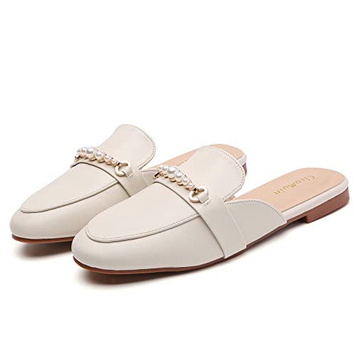 Cicomuin Metal Chain Pearl Decor Mules For Women Closed Round Toe Flats Slip On Backless Loafers Womens Slides Shoes #TOP1