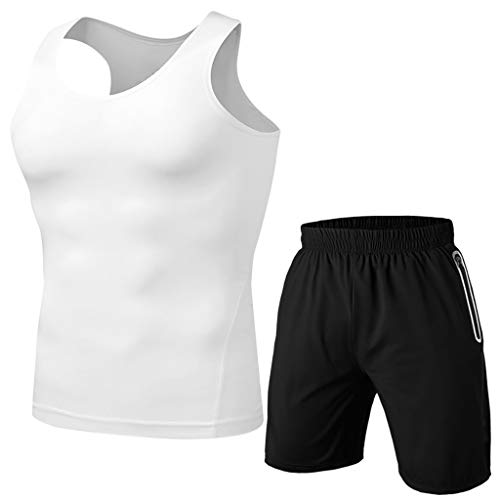 Rikay Mens Compression Tights & Shirts Set Gym Fitness Sport Running Yoga Athletic Shorts Vest Suit Quick Dry Tops White