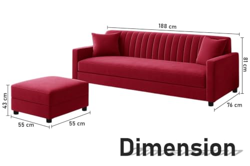 Image of Modern 3-Seater Wooden Sofa Set with Ottoman, Soft Velvet Upholstery, Comfortable Couch for Living Room, Office & Apartment - Red Color
