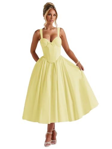 Eightale Satin Prom Dress for Women Tea Length Corset A Line Midi Formal Evening Party Gown