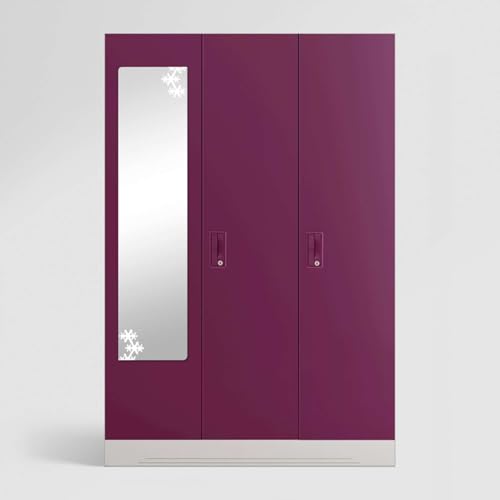 Image of Interio by Godrej Almirah Slimline 3-Door Steel Almirah, Cupboard for Clothes (Purple), 1-Year Warranty, 7 Shelves, 1 Locker, Star Design Mirror