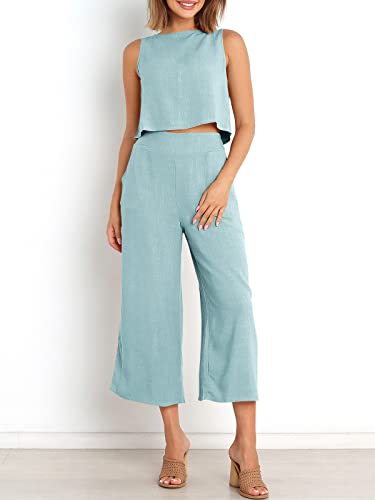 Image of ANRABESS Women's Summer 2 Piece Outfits Sleeveless Tank Crop Button Back Top Cropped Wide Leg Pants Set Pockets