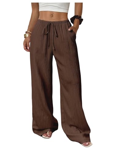 MakeMeChic Women's Casual Wide Leg Pants Summer Beach Palazzo Pants Brown Medium