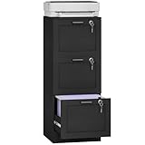 HOMCOM 3 Drawer File Cabinet with Lock, Vertical Filing Cabinet with Adjustable Hanging Bars for A4 and Letter Size File Folders, Printer Stand with Storage, Black