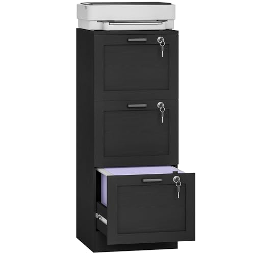 HOMCOM 3 Drawer File Cabinet with Lock, Vertical Filing Cabinet with Adjustable Hanging Bars for A4 and Letter Size File Folders, Printer Stand with Storage, Black