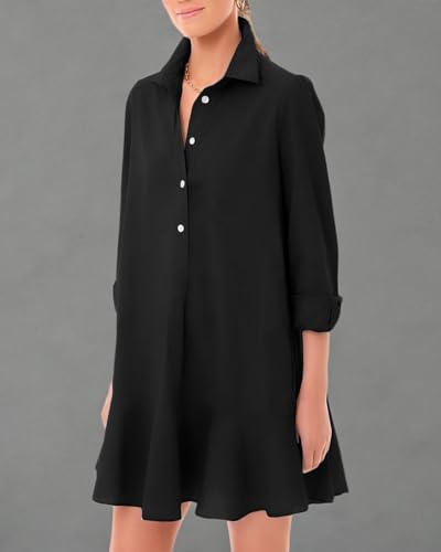 Image of YEXPINE Women's Tunic Mini Shirt Dress Cotton Linen Long Sleeve Button Up Ruffle Hem Loose Casual Summer Pockets Shift Dress