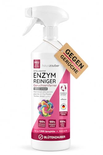 hauszauber - Enzymreiniger [STARKER GERUCHSENTFERNER] 1000 ml - Gegen Katzenurin Nikotin Tiergerüche etc. - Schlechte Gerüche aus Auto & Teppich entfernen - Geruchsentferner - Blütenzauber