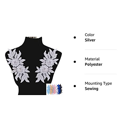 1 Pair 3D Lace Applique, Sew On Flower Bead Patches Embroidery Floral Motif Beaded Rhinestones Lace Trim Fabric Pearl Appliques For Sewing Wedding Bride Dress Veil Clothes Decoration (Silver) #TOP7