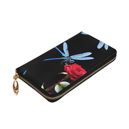 Dragonfly kisses rose printing Women's leather long handheld wallet large capacity credit card zipper bag3