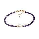 Gempires Amethyst Beaded Bracelet with Pearl Choker Crystal Jewelry Lightweight February Birthstone Gifts Hypoallergenic 7.5 Inch Gold Plated Trendy Fashion Everyday Wear Jewelry
