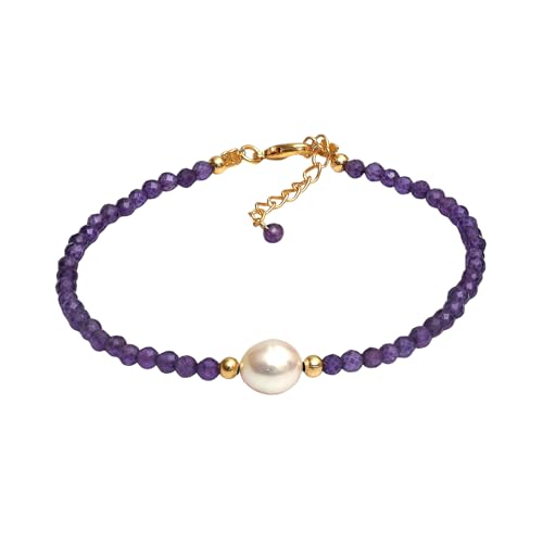 Gempires Amethyst Beaded Bracelet with Pearl Choker Crystal Jewelry Lightweight February Birthstone Gifts Hypoallergenic 7.5 Inch Gold Plated Trendy Fashion Everyday Wear Jewelry