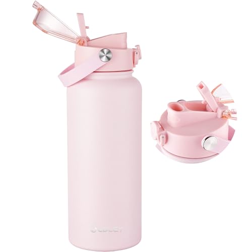 Image of OLDLEY 32oz Insulated Water Bottle with 2-in-1 Straw & Chug Lid, Leakproof Stainless Steel Bottle, Double Wall Vacuum Insulated Water Bottle for Sports, Gym, Travel,Pink