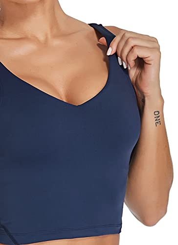 Image of Oalka Sports Bra Womens Longline Padded Crop Yoga Tank Tops | Built in Bras, Workout, Athletic, Fitness, Super Soft, Comfort, Cropped Top, Removable Pads, Heart Neckline For Women