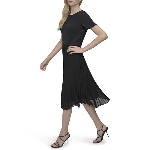 DKNY Women's Short Sleeve Jewel Neck Pleated Skirt Keyhole Midi Dress3