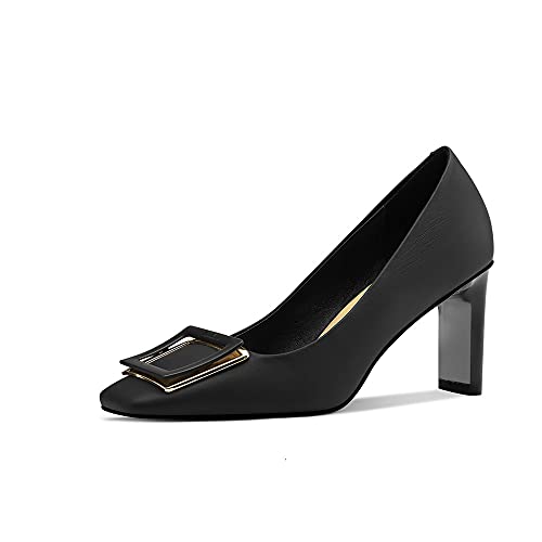 TinaCus Women's Genuine Leather Handmade Square Toe Mid Chunky Heels Stylish Pumps Shoes with Buckle Décor