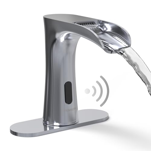 PRIMSOPH Waterfall Automatic Motion Sensor Hands Free Electronic Infrared Smart Commercial Touchless Bathroom Sink Faucet with Cover Plate Temperature Mixer Battery or Plug-in Powered Chrome