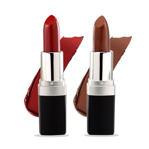 (Set Of 2) Lipstick Rich Pigmented and Creamy Lipstick Moisturising Vegan and halal Lipsticks (02 Frosted Toast + 10 Cocoa)