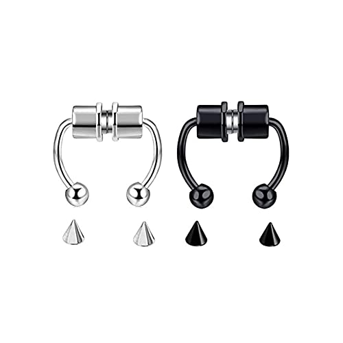 2 pcs Magnetic Septum Nose Ring , Horseshoe Stainless Steel Fake Nose Ring , Reusable Nose Ring , Non-Piercing Magnetic Nose Ring for Men and Women , Faux Non Piercing Clip on Hoop ï¼ˆBlack , Silveï¼‰
