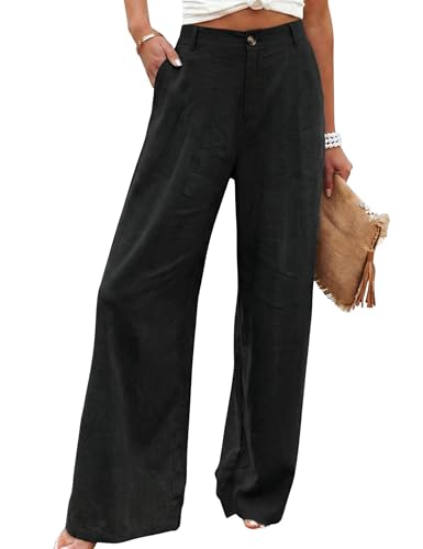 Hooever Womens Cotton Linen Pants Casual Button Up High Waisted
