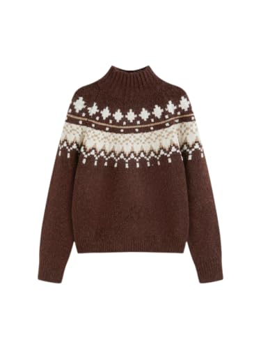 CIDER Women's Fair Isle Wool Blend Sweater Long Sleeve Pullover Brown
