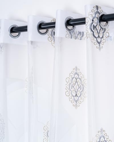Image of (9 Ft Sheer Tissue with Embroidery Damas Design | Grommet Curtains Window Long Curtain | Window Curtain (Golden & Grey) | for Home | (Pack of 4) | 274 L X 121 W Centimeters