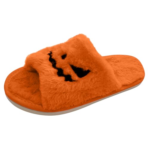 Halloween Slippers for Women,Women's Spooky Slides Halloween Slipper Lantern Pumpkin Soft Plush Cozy Open Toe Indoor Outdoor Fuzzy Slippers