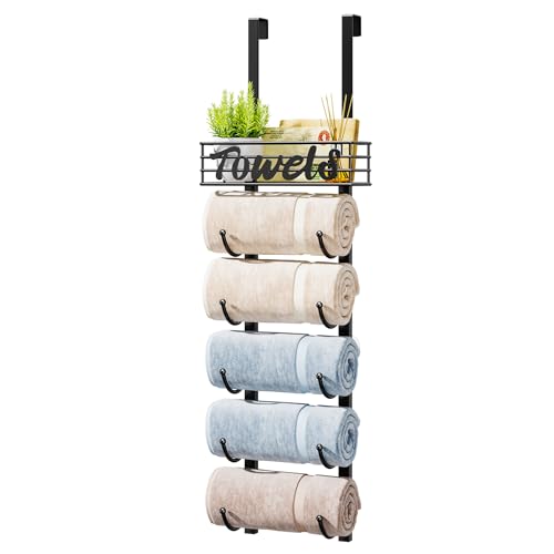 HapiRm Bathroom Towel Rack Holder – 6-Tier Over The Door & Wall Mount Rolled Towel Storage Organizer with Metal Shelf Basket for Small Bathroom, Camper, Rv – Black, Patented