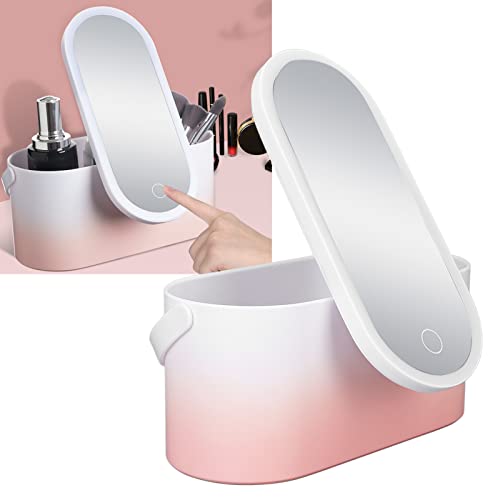 Makeup Case Pink Gradient Portable Large Capacity Foldable Rotating LED Light Makeup Storage Box With Makeup Mirror Smart Chargeable for Home Travel Use - Image 4