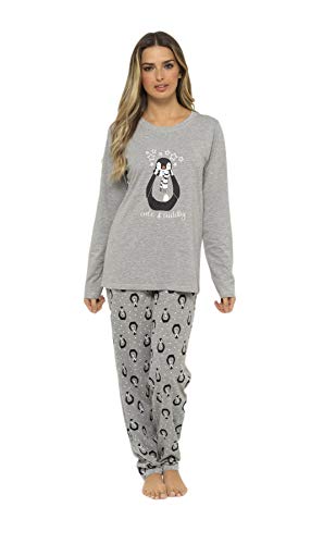 Daisy Dreamer Pyjama Set Damen Baumwolle Jersey Pyjama Loungewear Langarm Grau PJs, pinguin, M