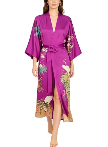 Image of Women's Classic 100% Silk Kimono Robe, Bathrobe-Printed Pattern