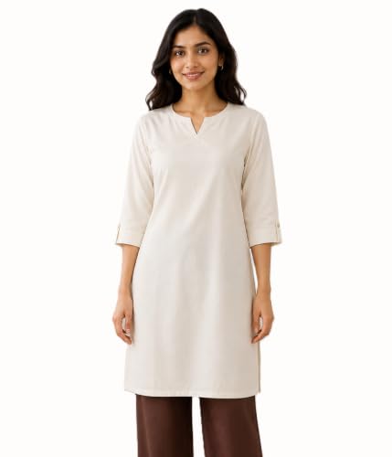 Image of Women's Rayon Solid Straight Kurti | 3 /4 Sleeve | Round Neck with V Cut | Regular Fit | Casual Office Wear Kurta for Women