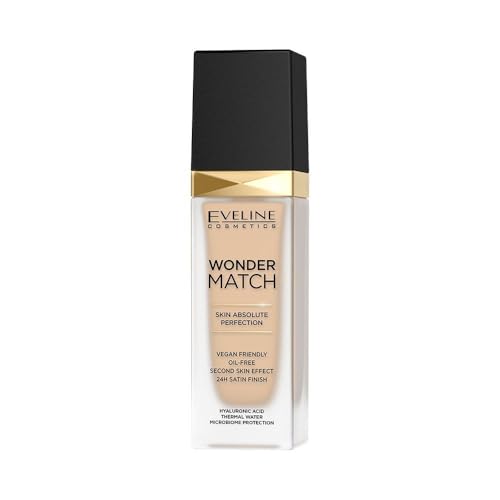 Eveline Cosmetics Wonder Match luxuriöse adaptive Foundation, aufbaubare Deckkraft, Satin-Finish, ölfreie Formel mit Hyaluronsäure, Thermalwasser und Acai-Extrakt, 30 ml