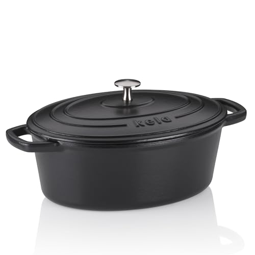 kela Bräter Gusseisen oval 4 Liter, Dutch Oven CALIDO, Induktion Gussbräter mit Deckel, Gusseisen Topf Brot backen, emailliert, schwarz