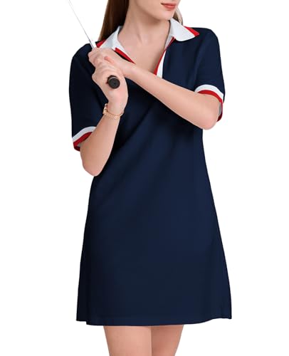 Image of WOWULOVELY Polo Dress for Women V Neck Casual Short Sleeve Mini Shirt Dress Flowy Contrast Color Golf Tennis A Line Dresses