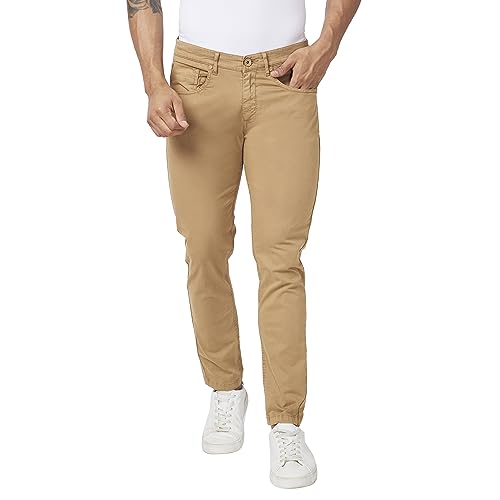 Image of Spykar Men Camel Khaki Cotton Slim Fit Ankle Length Mid Rise Trousers