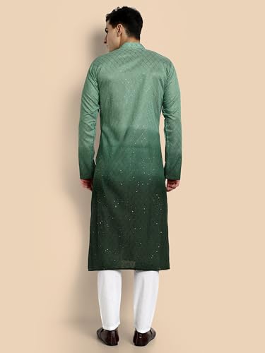 Image of Vardha Men's Cotton Chikankari Embroidered Kurta with Full Sleeves and Knee Length Design and Elegant Sequence Work | Kurta for Men