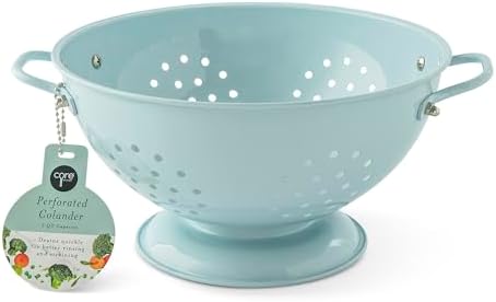 CORE HOME 3 Quart Perforated Colander - French Blue Enamelware Strainer with Base and Handles for Washing Fruits, Vegetables, and Pasta - Thumbnail 2