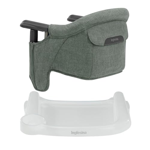 Image of Inglesina Fast Table Chair - Pine Green Melange + Fast Dining Tray - Portable Baby High Chair - for Babies & Toddlers up to 37 lbs - Fits Tables 0.8'' to 3.5'' Thick - Compact - Travel Bag Included