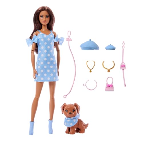 Miniatura 5 de Barbie Twinning Looks Muñeca y perrito con conjuntos a juego | Ropa y accesorios azules de lunares, como boinas y bolsos; pelo castaño, JFP38