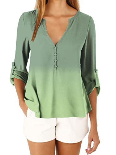 Chiffon-Bluse Damen V-Ausschnitt Knöpfe Langarmshirt Damen Loose Gradient Atmungsaktiv Lassig Shirt Damen Frühling Sommer Komfortabel Oberteile Damen E-Green S Cover