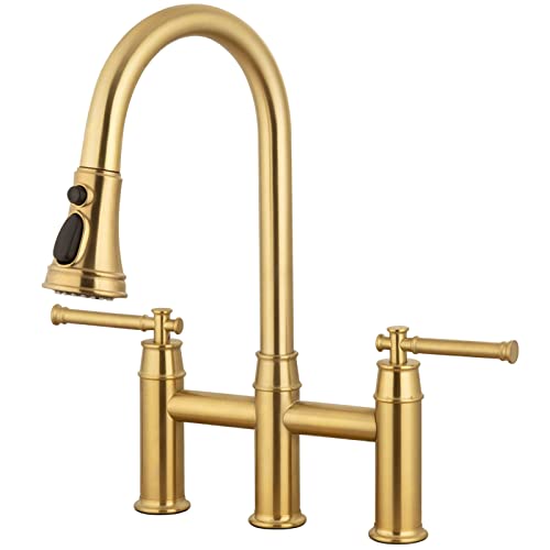 Brushed Gold Bridge Kitchen Faucet With Pull Down Sprayer, Lava Odoro Transitional Brass Kitchen Sink Faucet 3 Hole 2 Handle Spot-Resistant, Lead-Free, Kf501-Sg #TOP25