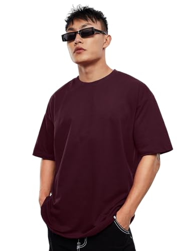 Image of The Souled Store Solids: Pomogranate Men and Boys Oversized Fit Half Sleeve Cotton Maroon Color Men Oversized T-Shirts