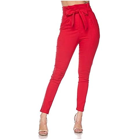 Love Moda Women's Casual High Rise Bow-Tie Paper Bag Waist Pants with Spandex (1X, Red) Cover